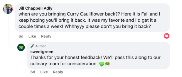 Gepostet von Sweetgreen auf Facebook mit einer Benutzernachricht, die über eine Pietanza von Cavolfiore und Curry informiert wurde