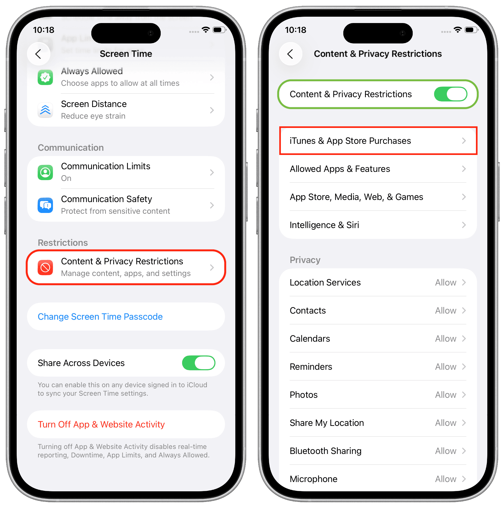 iTunes und App Store Einkäufe in Einstellungen für die Bildschirmzeitbeschränkungen für Bildschirmzeiten