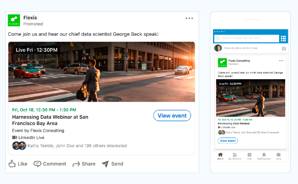 Vue côte à côte d’une version bureau et mobile d’une publicité LinkedIn pour un événement Flexis