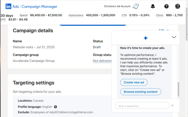 Informations sur la campagne dans LinkedIn Campaign Manager