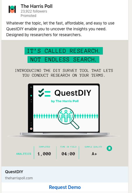 Publicité LinkedIn pour QuestDIY par The Harris Poll, un outil d’enquête DIY