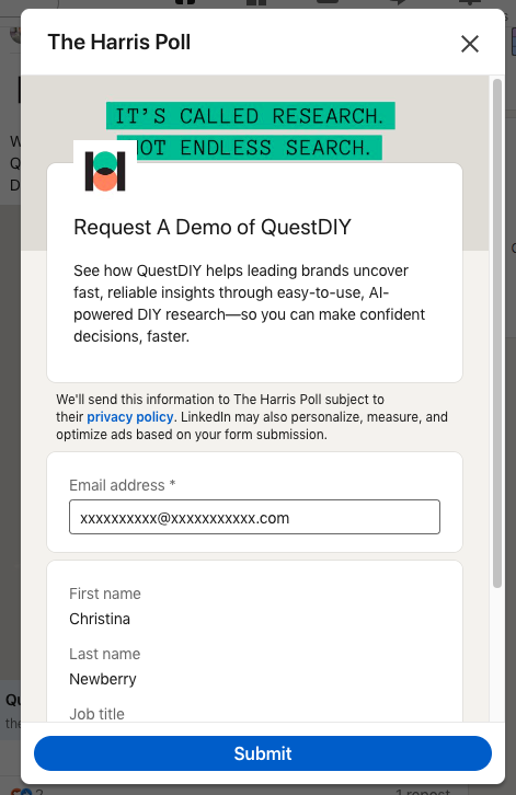 Formulaire LinkedIn de génération de leads pour QuestDIY, demandant des coordonnées