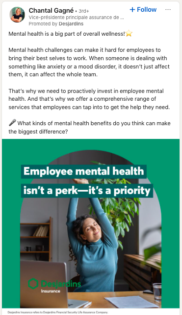 Publicité LinkedIn de Desjardins Insurance faisant la promotion de la santé mentale des employés