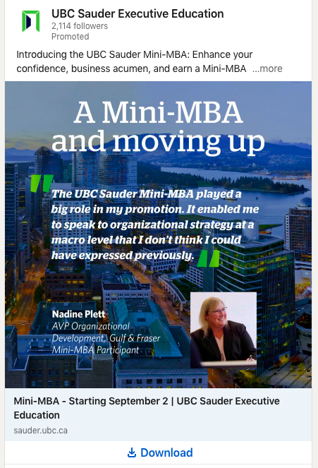 Publicité LinkedIn de UBC Sauder Executive Education faisant la promotion d’un programme Mini-MBA