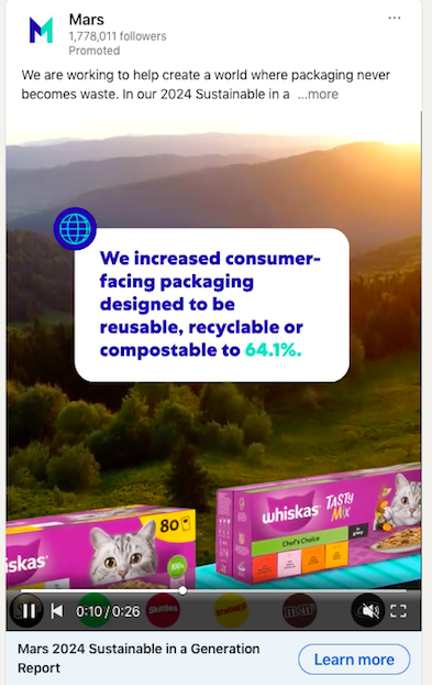 Publicité vidéo LinkedIn de Mars mettant en avant un rapport sur le développement durable