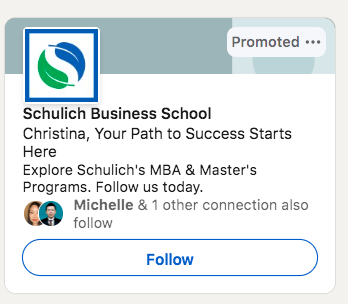 LinkedIn ad faisant la promotion des programmes MBA et Master de la Schulich Business School, personnalisée avec le nom de l’utilisateur, Christina.