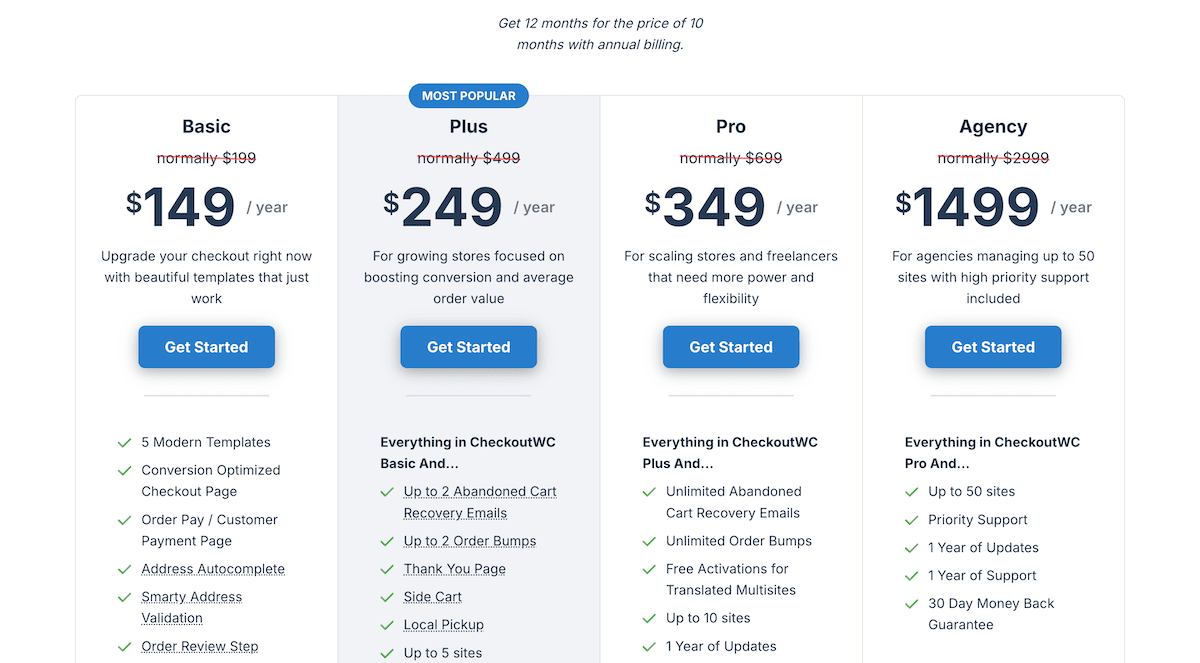 CheckoutWC-Preisseite mit drei Planstufen.