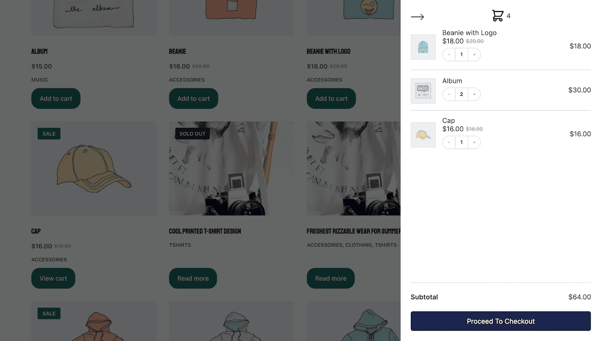 Ein CheckoutWC-Seitenwagen mit Produktdetails und Rabattcodefeld.