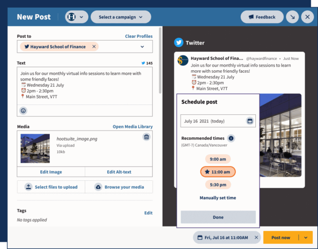 Eine Hootsuite-Schnittstelle zum Planen eines neuen Beitrags für die Hayward School of Finance, die ein Tool demonstriert, das für soziale Medien für gemeinnützige Organisationen zur Verwaltung von Inhalten verwendet wird.