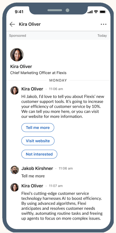 Une publicité sponsorisée LinkedIn dans une conversation privée sur un téléphone portable
