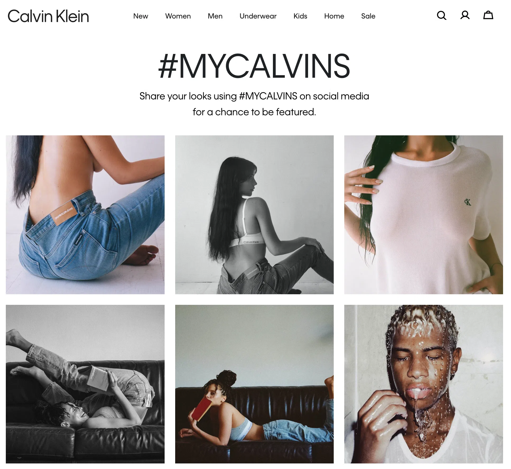 Eine E-Commerce-Website, die unter dem Hashtag #MYCALVINS eine Sammlung von benutzergenerierten Inhalten anzeigt, die verschiedene Personen in Calvin-Klein-Bekleidung vorstellt und andere dazu ermutigt, ihr Aussehen zu teilen.
