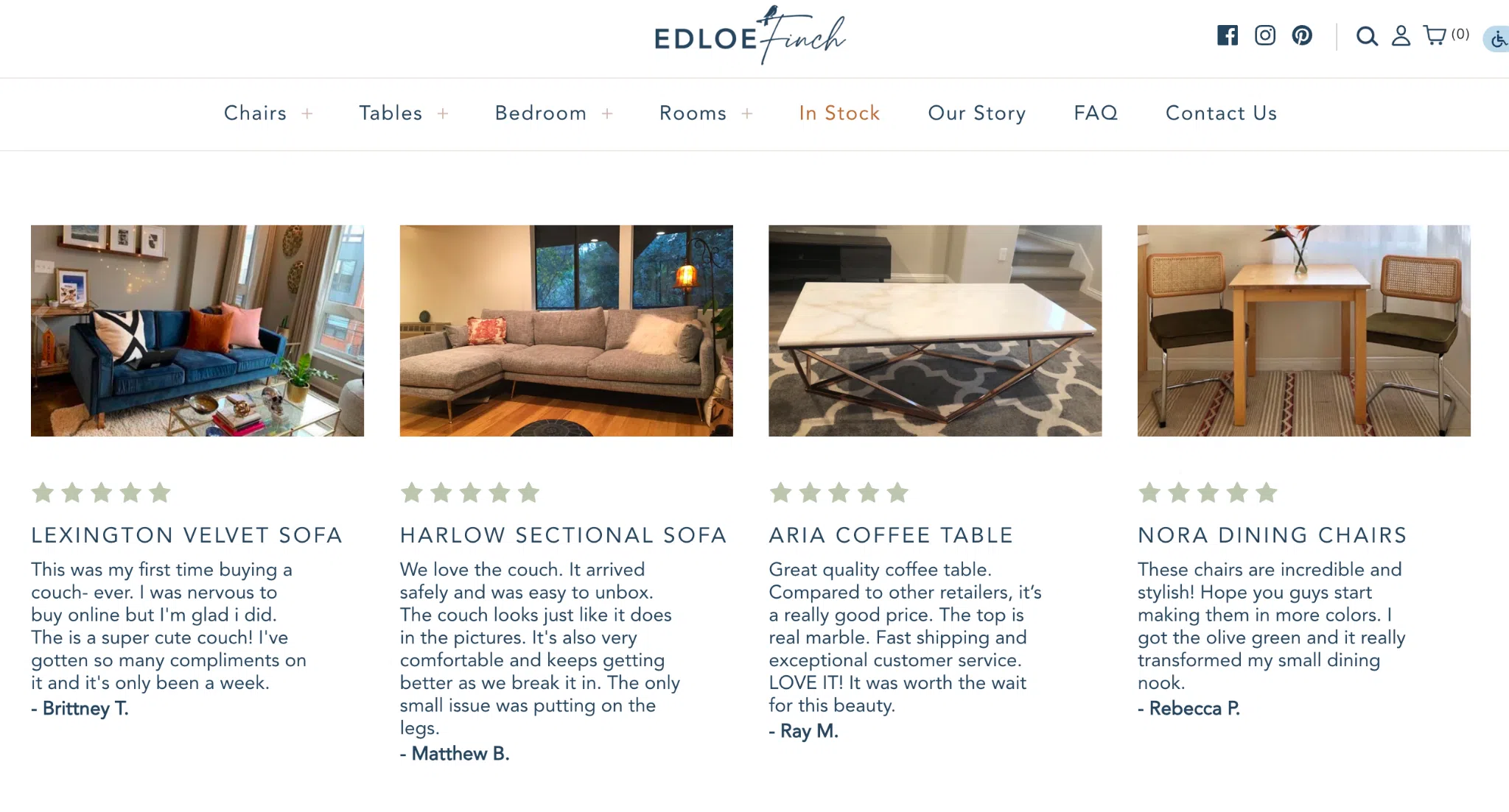 Eine E-Commerce-Website für EDLOE-Finkenmöbel mit Kundenrezensionen und Bildern von Produkten wie dem