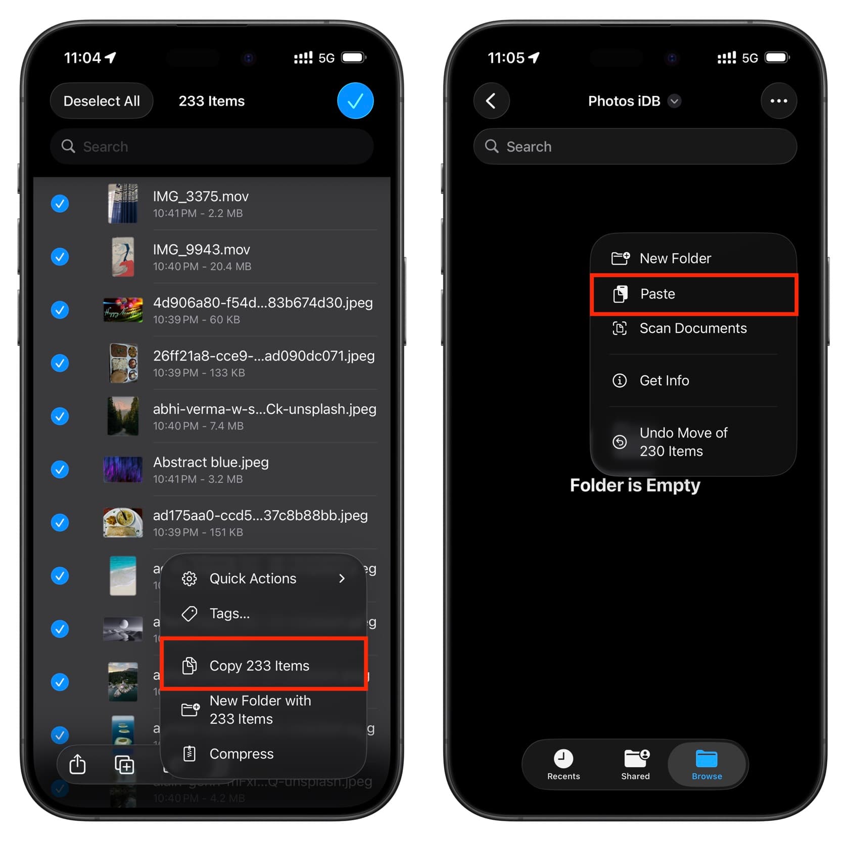 Kopieren und Einfügen von Fotos und Videos in die iOS-Dateien-App