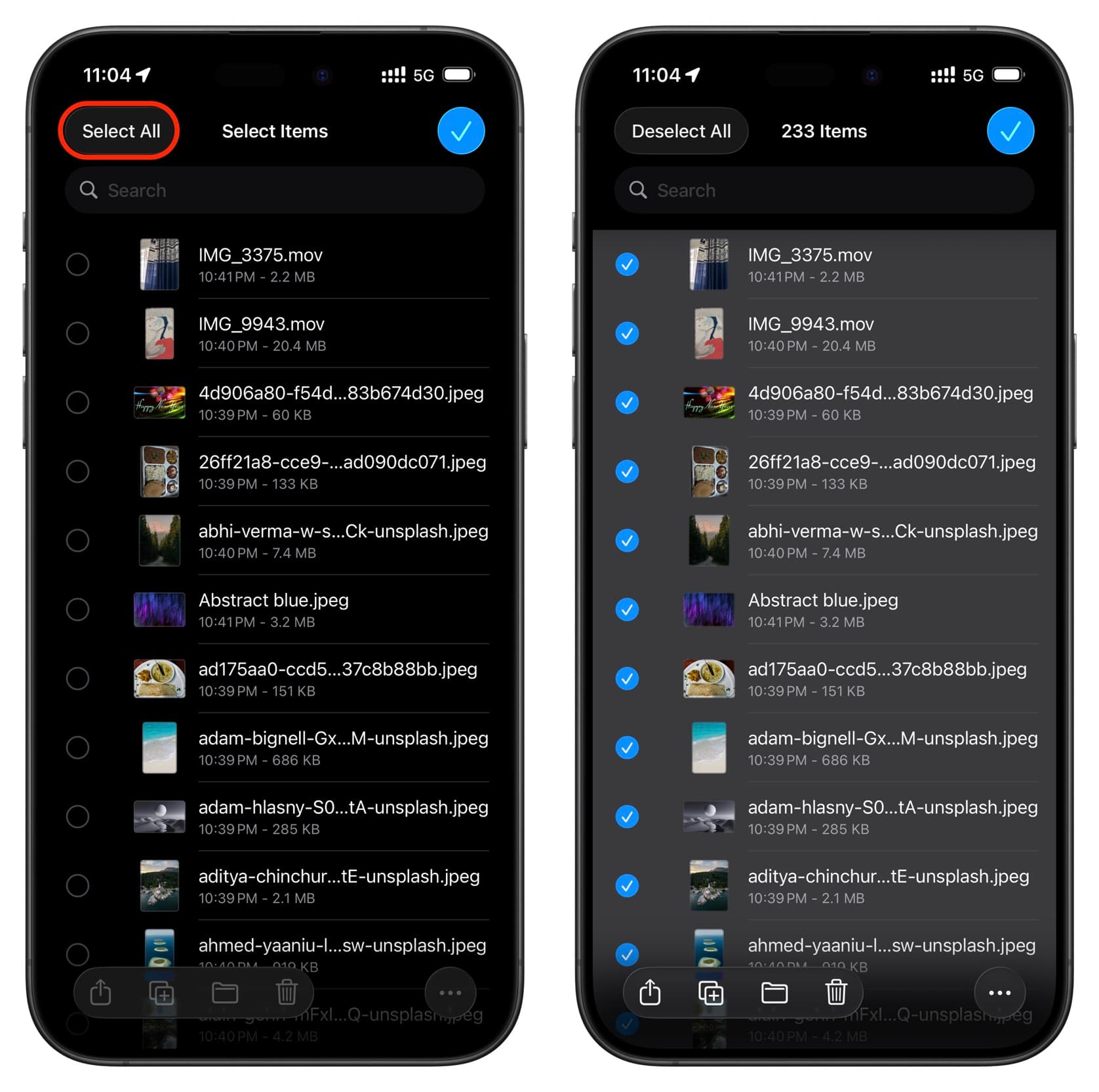 Auswahl aller Fotos und Videos auf einem externen Laufwerk in der iPhone-Dateien-App