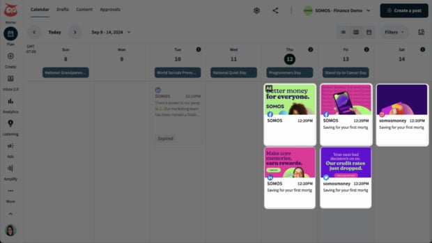 Ein Social-Media-Inhaltskalender mit verschiedenen geplanten Beiträgen für eine Finanzdemo, der die Planung und Ausführung des Social-Media-Managements und die Notwendigkeit von Social-Media-Mitarbeitern demonstriert.