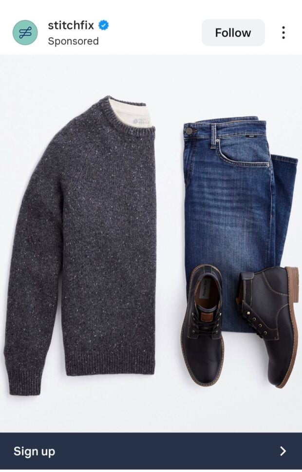 Ein gesponserter Social-Media-Beitrag von Stitch Fix, der Kleidung präsentiert, die für E-Commerce und Modemarketing relevant ist, und das Potenzial für Social-Media-Mitarbeiter in diesen Sektoren.