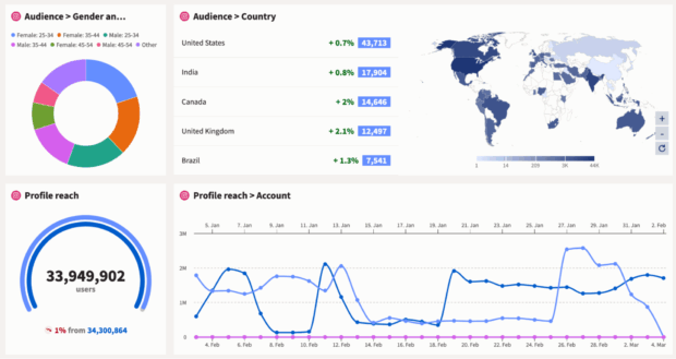 Ein Analyse-Dashboard, das die Demografie der Zielgruppe und die Profilreichweite anzeigt und datengesteuerte Aspekte von Social Media sowie die analytischen Fähigkeiten hervorhebt, die bei der Einstellung von Social Media-Mitarbeitern erforderlich sind.